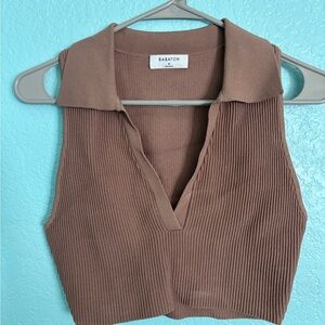 Babaton Taupe Ribbed Collared Top